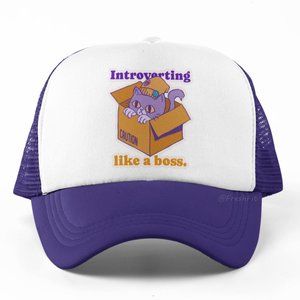 🆕Introverting Like A Boss Cat in Box Foam Trucker Hat Mesh Snapback Cap Purple